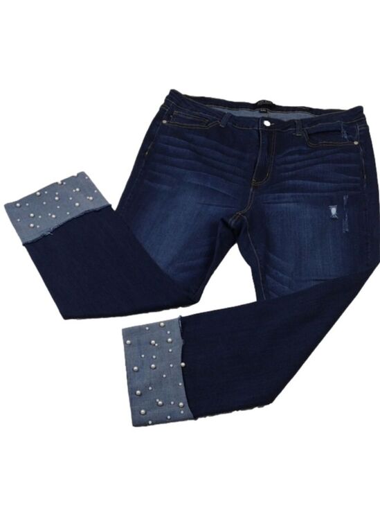 Judy Blue Denim - Judy Blue Five Pocket High Rise Dark Wash Embellish Cuff Straight Fit Ankle Jean